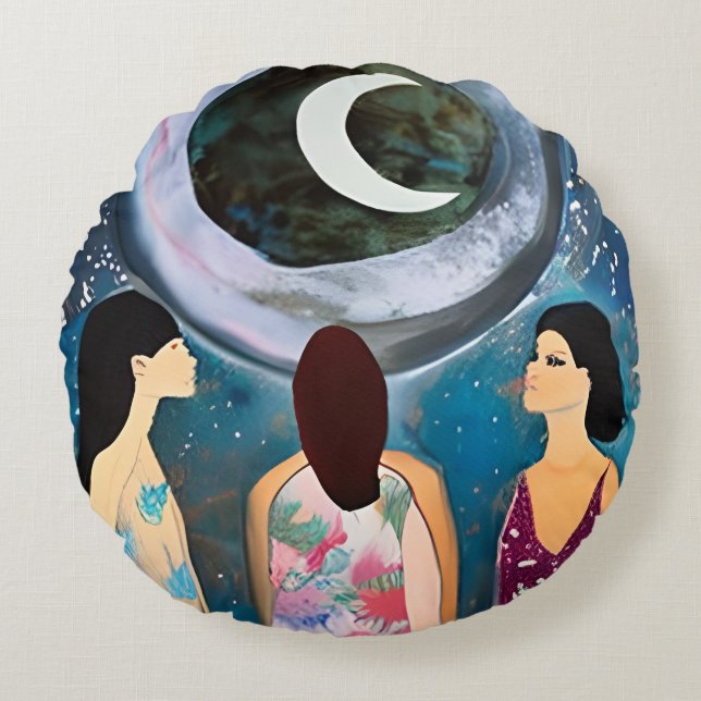Celestial Artwork | Women Looking at the Moon Round Pillow (Front)