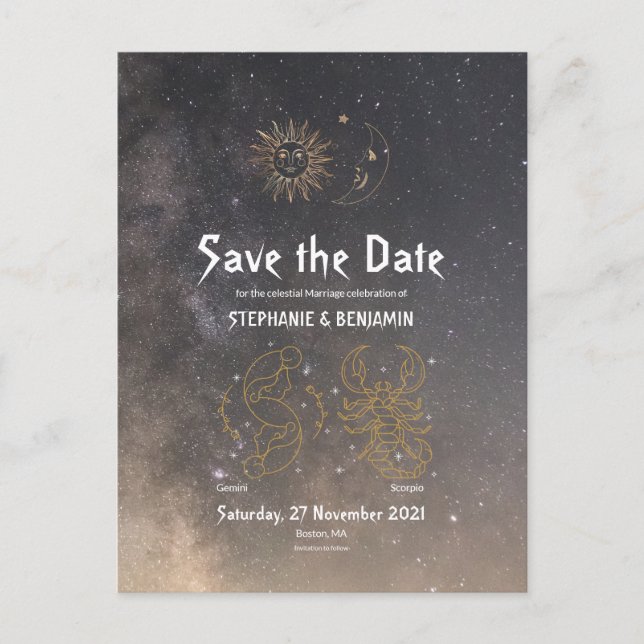 Celestial Astrology Gemini Scorpio Star Sign Grey Announcement Postcard (Front)