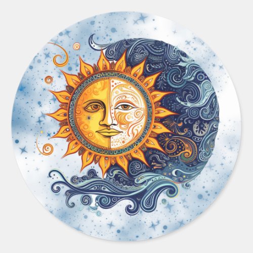 Celestial Astronomy Yellow Blue Sun Wedding Classic Round Sticker