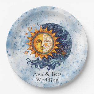 Celestial Astronomy Yellow Blue Sun Wedding Paper Plates