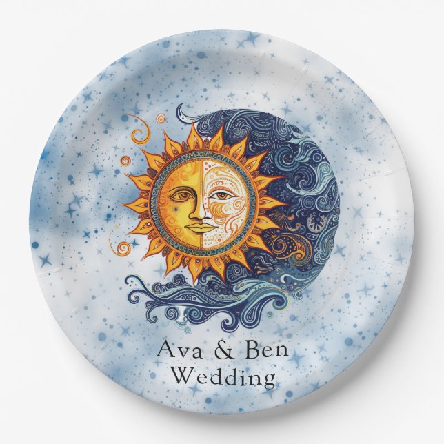 Celestial Astronomy Yellow Blue Sun Wedding Paper Plates (Front)
