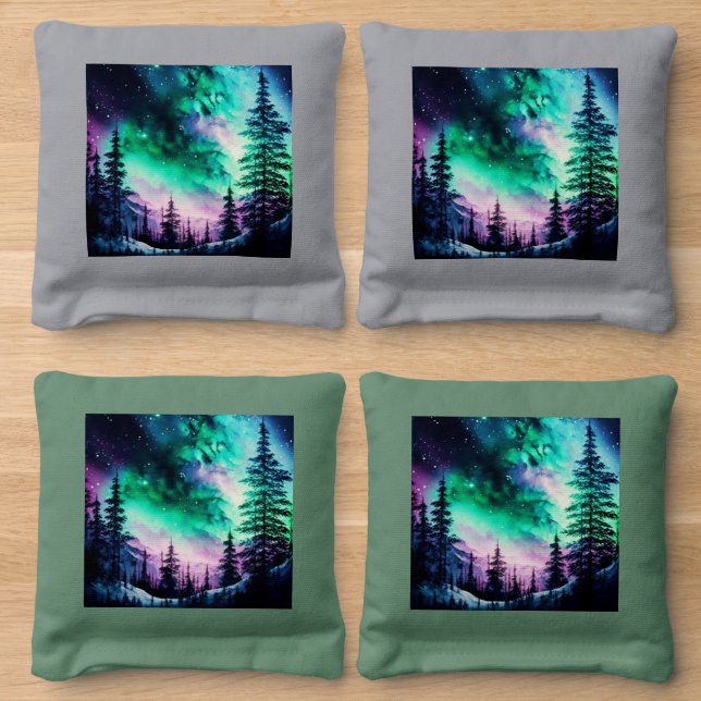 Celestial Aurora Borealis Northern Lights Vivid  Cornhole Bags (Wood)