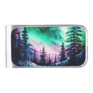 Celestial Aurora Borealis Northern Lights Vivid Silver Finish Money Clip