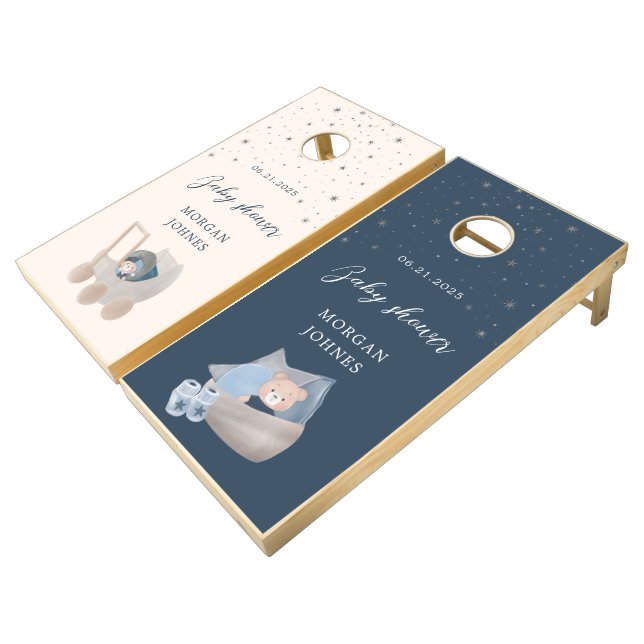 Celestial Baby Bear Baby Shower cornhole set (Angled)