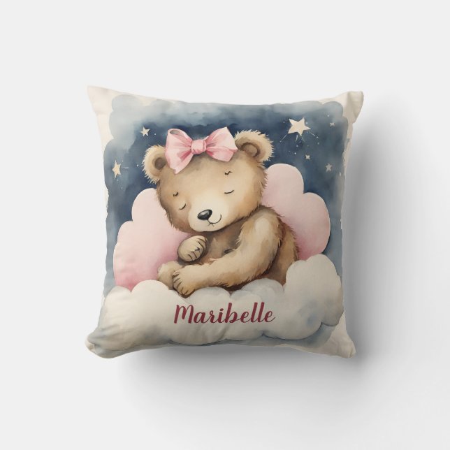 Celestial Baby Bear Girls Personalized Nursery Throw Pillow (Front)