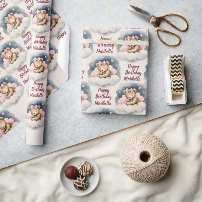 Celestial Baby Bear Personalized Girls Birthday Wrapping Paper (Crafts)