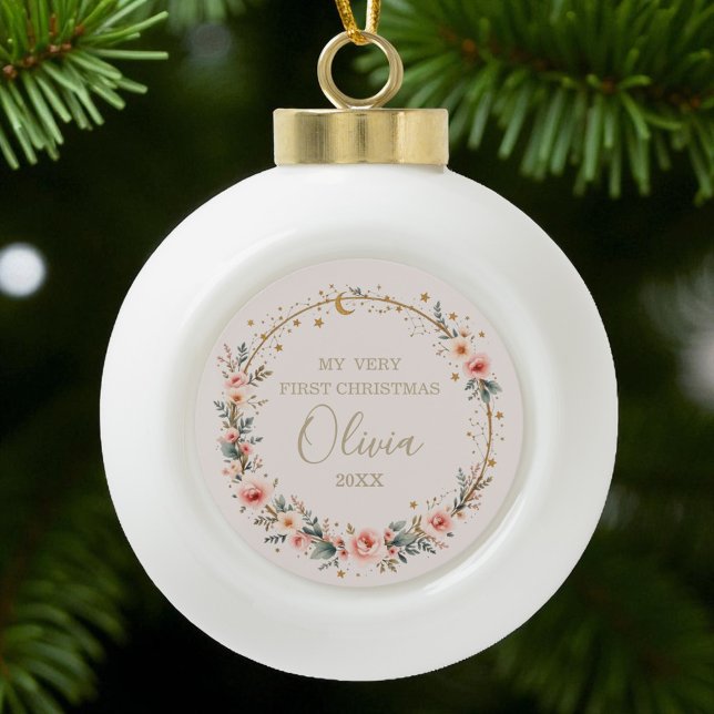 Celestial Baby First Christmas Personalized  Ceramic Ball Christmas Ornament (Creator Uploaded)