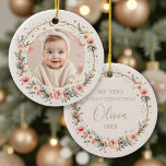 Celestial Baby First Christmas Personalized Photo Ceramic Ornament<br><div class="desc">Celebrate your little one’s first holiday with this Celestial Baby First Christmas design. Featuring your baby’s photo framed by a delicate watercolor wreath of champagne gold stars, crescent moons, blush florals, and muted sage greenery, this keepsake is printed on smooth porcelain with a warm blush background. The reverse displays “My...</div>