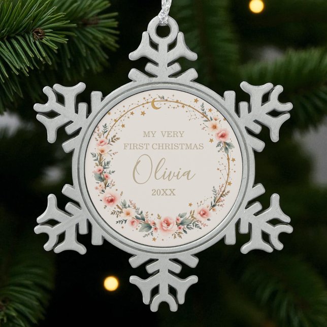 Celestial Baby First Christmas Personalized  Snowflake Pewter Christmas Ornament (Creator Uploaded)