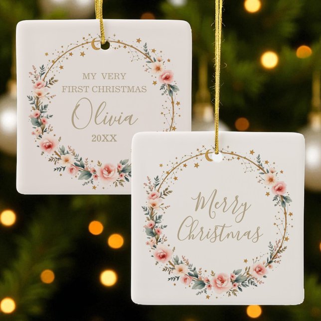 Celestial Baby First Christmas Stars Moon  Ceramic Ornament (Creator Uploaded)