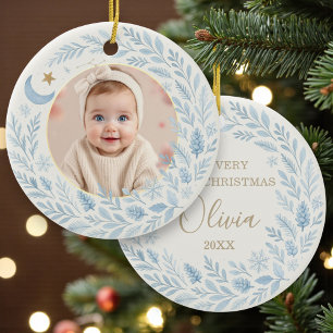 Celestial Baby First Cute Blue Christmas Photo Ceramic Ornament