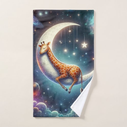 Celestial Baby Giraffe Sleeping on Moon  Stars Bath Towel Set