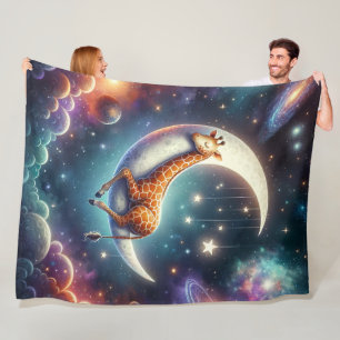 Celestial Baby Giraffe Sleeping on Moon & Stars Fleece Blanket