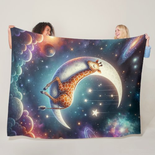 Celestial Baby Giraffe Sleeping on Moon  Stars Fleece Blanket