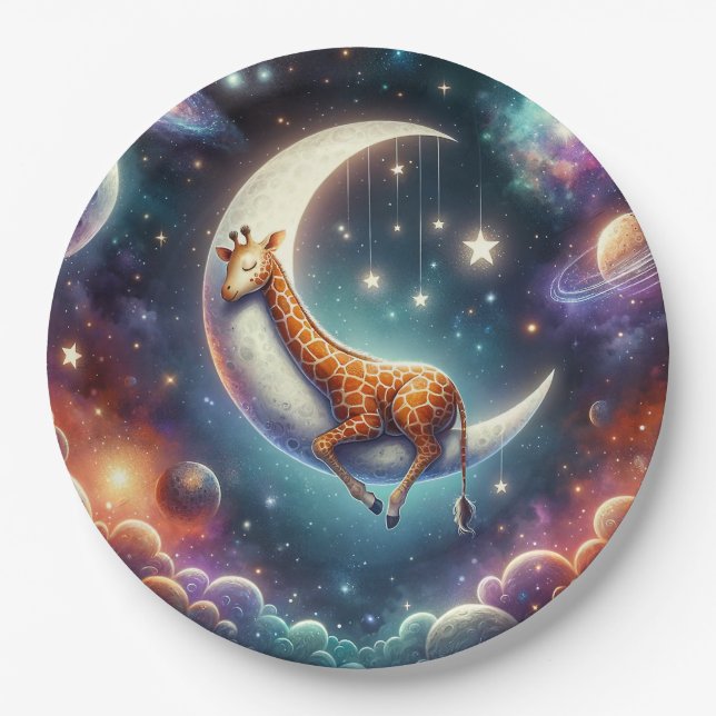 Celestial Baby Giraffe Sleeping on Moon & Stars Paper Plates (Front)