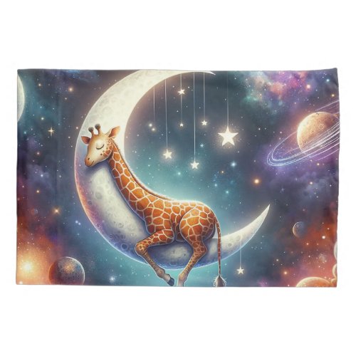Celestial Baby Giraffe Sleeping on Moon  Stars Pillow Case
