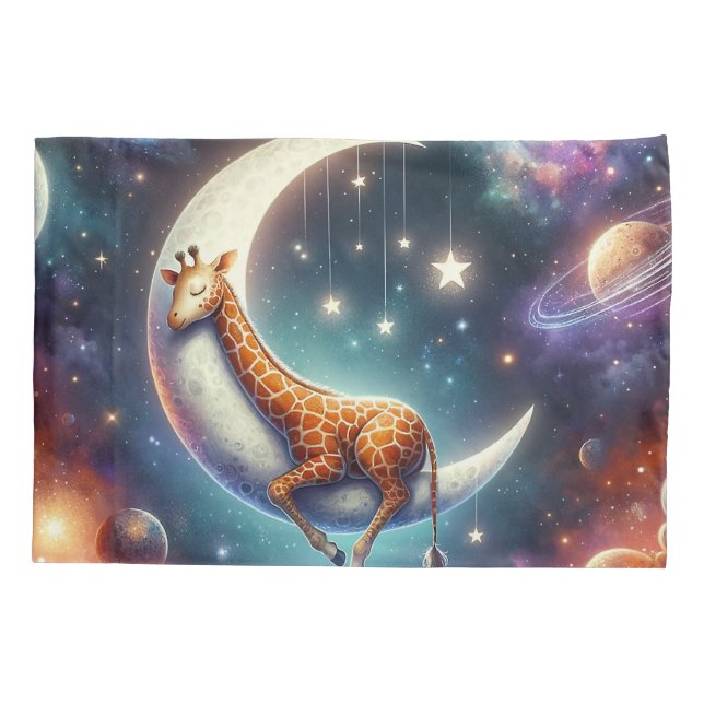 Celestial Baby Giraffe Sleeping on Moon & Stars Pillow Case (Back)