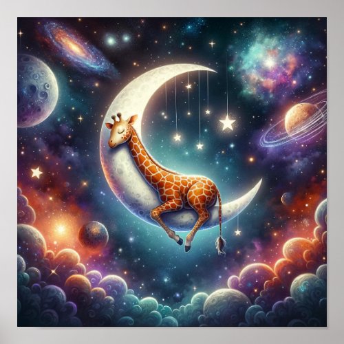 Celestial Baby Giraffe Sleeping on Moon  Stars Poster
