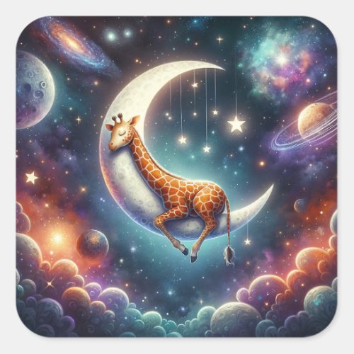 Celestial Baby Giraffe Sleeping on Moon  Stars Square Sticker