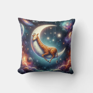 Celestial Baby Giraffe Sleeping on Moon & Stars Throw Pillow