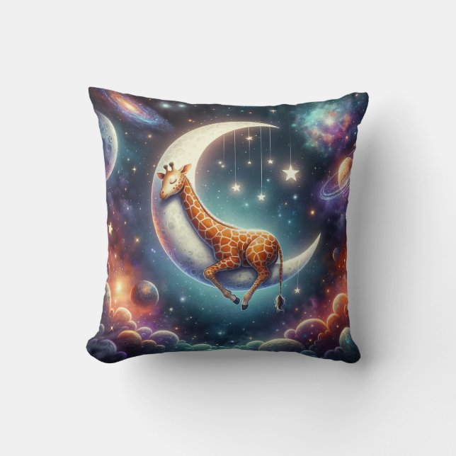 Celestial Baby Giraffe Sleeping on Moon & Stars Throw Pillow (Front)