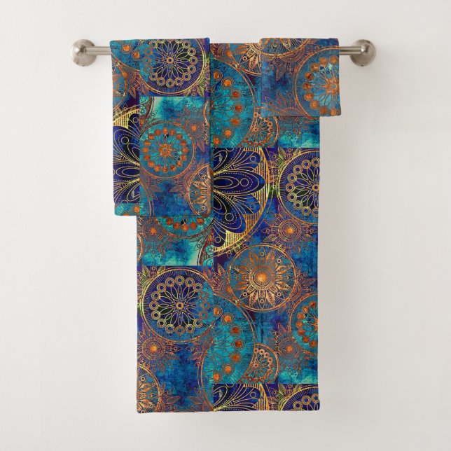 Celestial Bath Towel Set Hand Towel Blue Aqua Gold (Insitu)