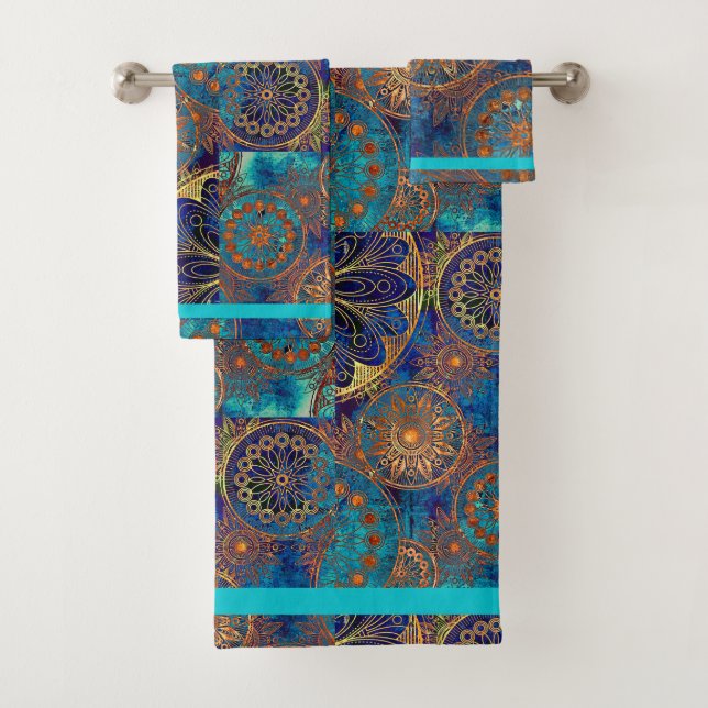 Celestial Bath Towel Set Hand Towel Blue Aqua Gold (Insitu)