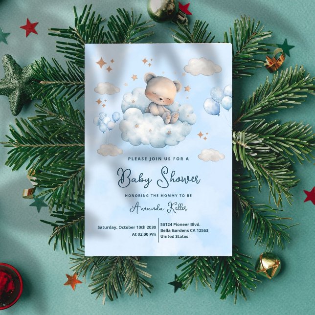 Celestial Bear on Cloud Baby Shower Invitation (Creator Uploaded)