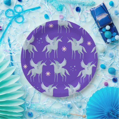 Celestial Beauty Blue Pegasus in Purple Background Paper Plates