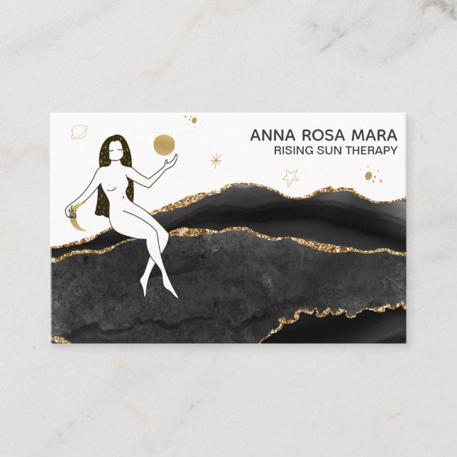 *~* Celestial Black Agate - Gold Glitter Goddess Business Card (Front)