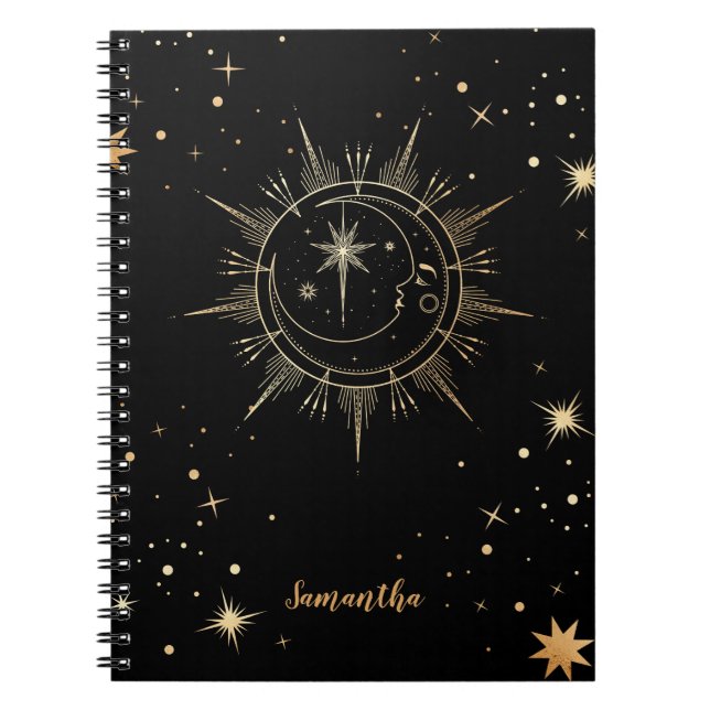 Celestial Black and Faux Gold Moon Sun Name Notebook (Front)