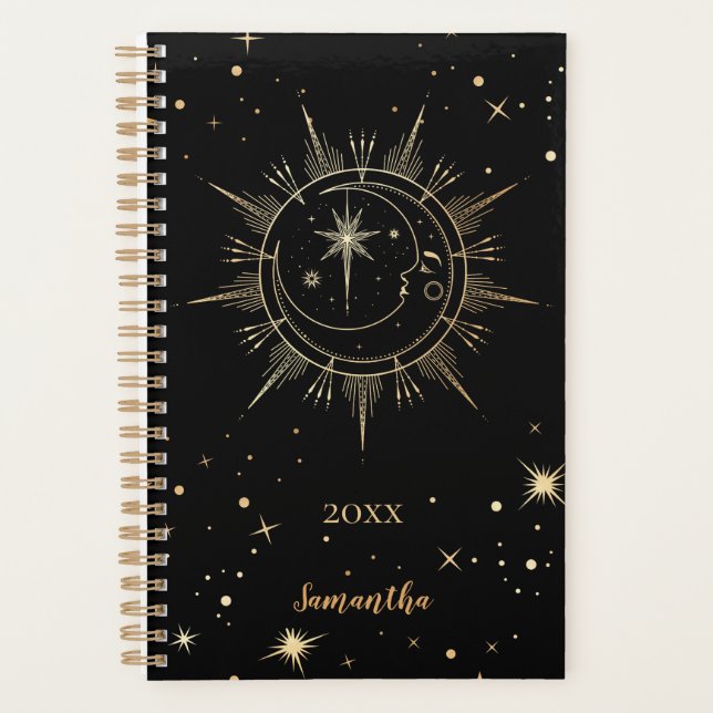 Celestial Black and Faux Gold Moon Sun Name Year Planner (Front)