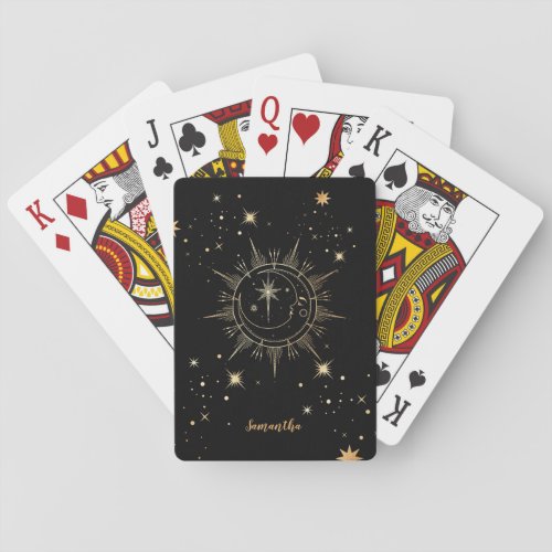 Celestial Black and Faux Gold Moon Sun Stars Name Poker Cards