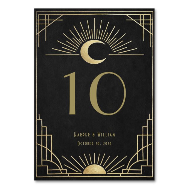 Celestial black and gold art deco table number (Back)