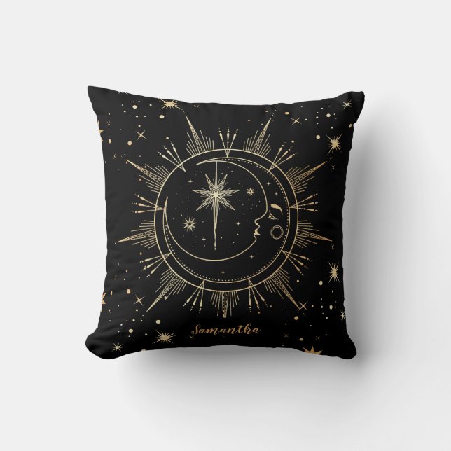 Celestial Black and Gold Moon Sun Stars Throw Pillow (Front)