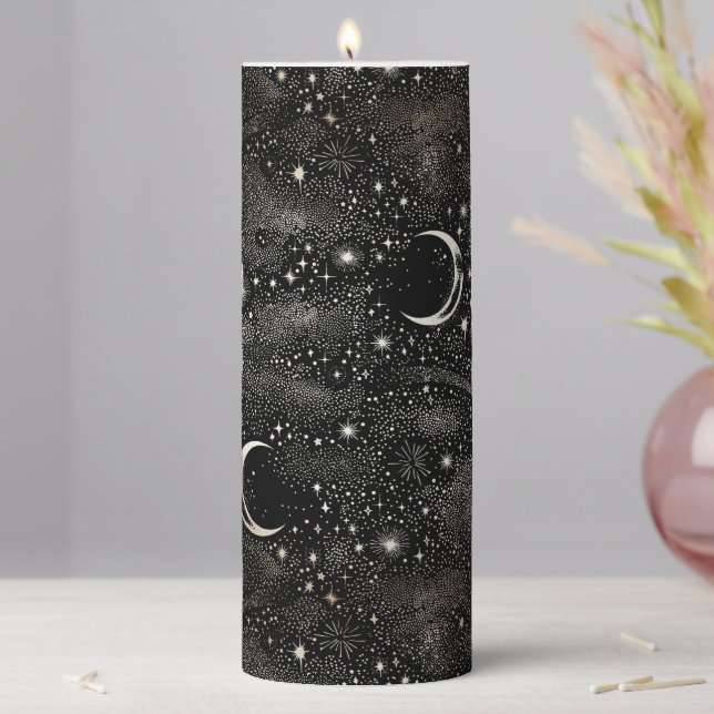 Celestial Black and Gold Mystical Starry Night Pillar Candle (In Situ)