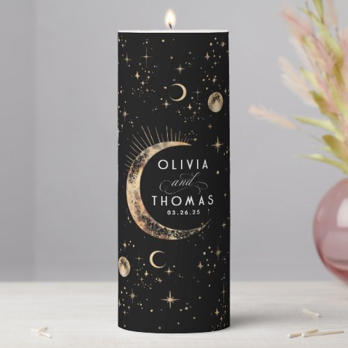 Celestial Black and Gold Mystical Wedding Pillar Candle