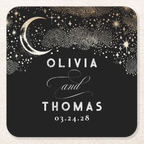 Celestial Black and Gold Mystical Wedding Square Paper Coaster