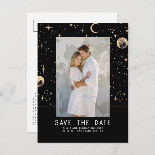 Celestial Black and Gold Stars Save The Date Announcement Postcard