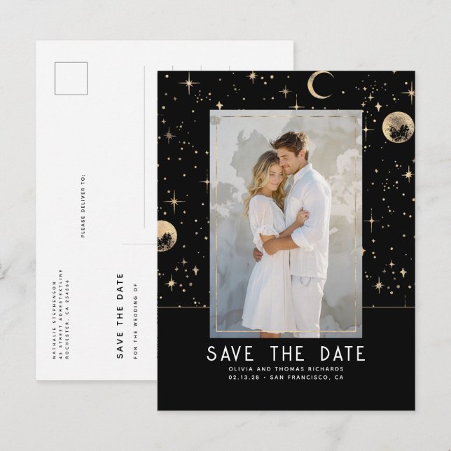 Celestial Black and Gold Stars Save The Date Announcement Postcard (Front/Back)