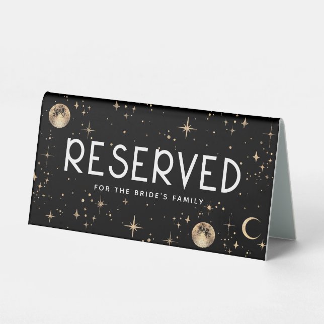 Celestial Black and Gold Stars Wedding Reserved Table Tent (Front)