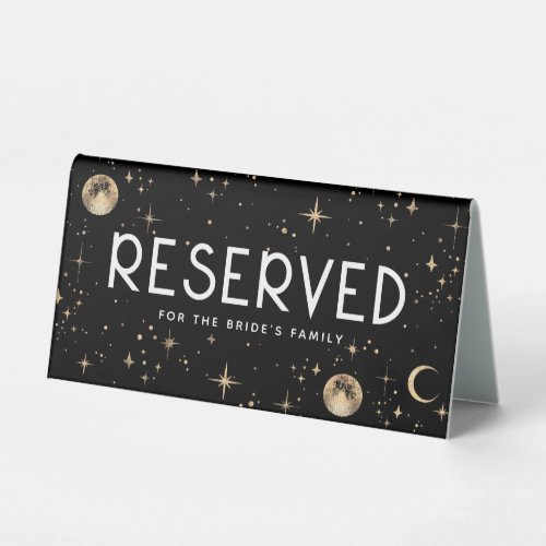 Celestial Black and Gold Stars Wedding Reserved Table Tent Sign