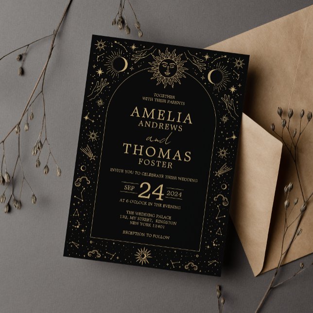 Celestial Black and Gold Sun and Moon Wedding Invitation (Creator Uploaded)