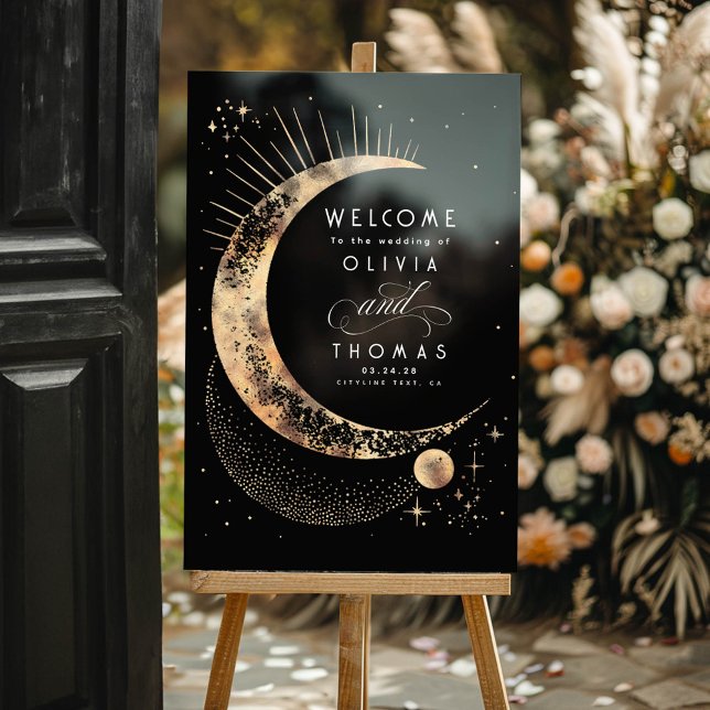 Celestial Black and Gold Wedding Welcome Acrylic Sign (Celestial Mystical Black and Gold Wedding Acrylic Welcome Sign)