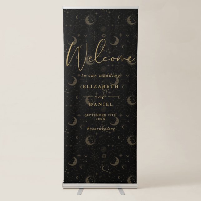 Celestial Black And Gold Wedding Welcome Retractable Banner (Front)