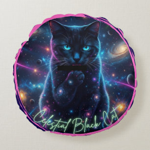 Celestial Black Cat Round Pillow