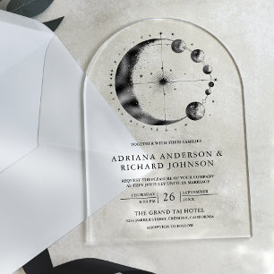 Celestial Black Crescent Moon Phases Wedding Acrylic Invitations