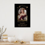 Celestial Black Gold 30th Birthday Welcome Poster<br><div class="desc">Celestial Black Gold 30th Birthday Welcome Poster features an elegant gold sun, moon and stars frame on a black background. Inside is your favorite photo and below your birthday welcome sign information. Personalize by editing the text in the text boxes and adding your favorite photo. Designed for you by ©2024...</div>
