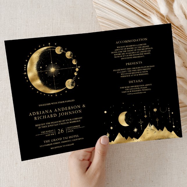 Celestial Black Gold Crescent Moon Phases Wedding Invitation (Creator Uploaded)