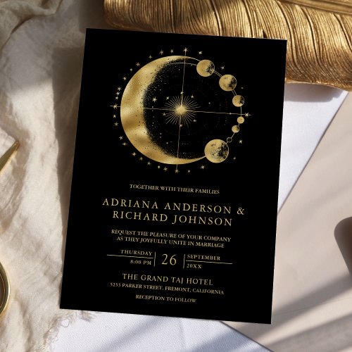 Celestial Black Gold Crescent Moon Phases Wedding Invitation